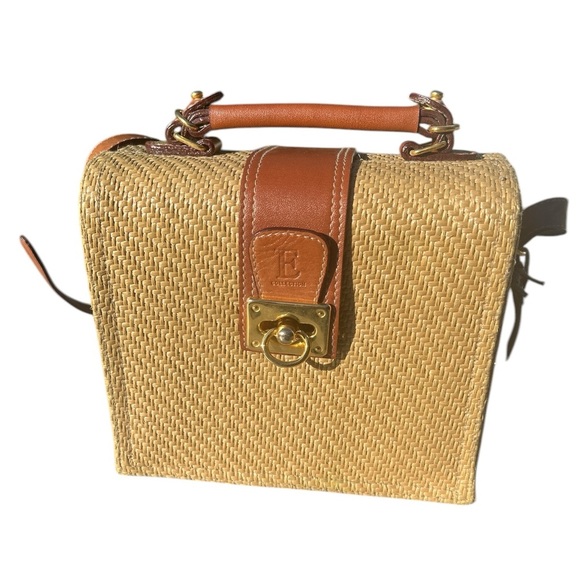 Vintage Woven Boxy Structured Leather Trim Crossbody Gold Hardware Old Money - Picture 1 of 14